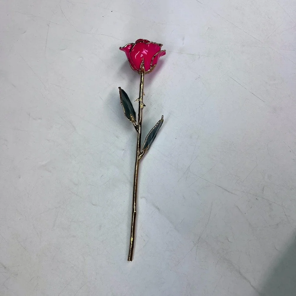 24k Rose Co Pink Real Rose Preserved in Lacquer Trimmed in 24K Gold with Box COA